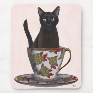 Black Cat in Teacup Mouse Pad