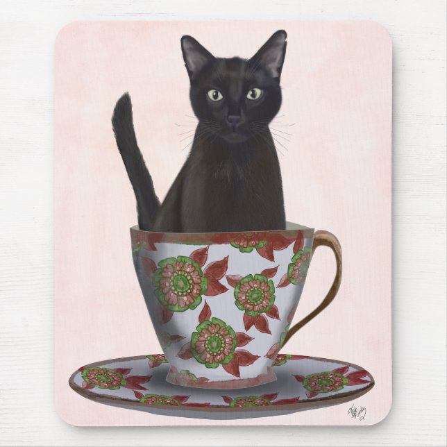 Black Cat in Teacup Mouse Pad (Front)