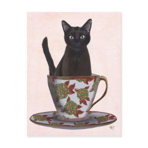 Black Cat in Teacup Postcard