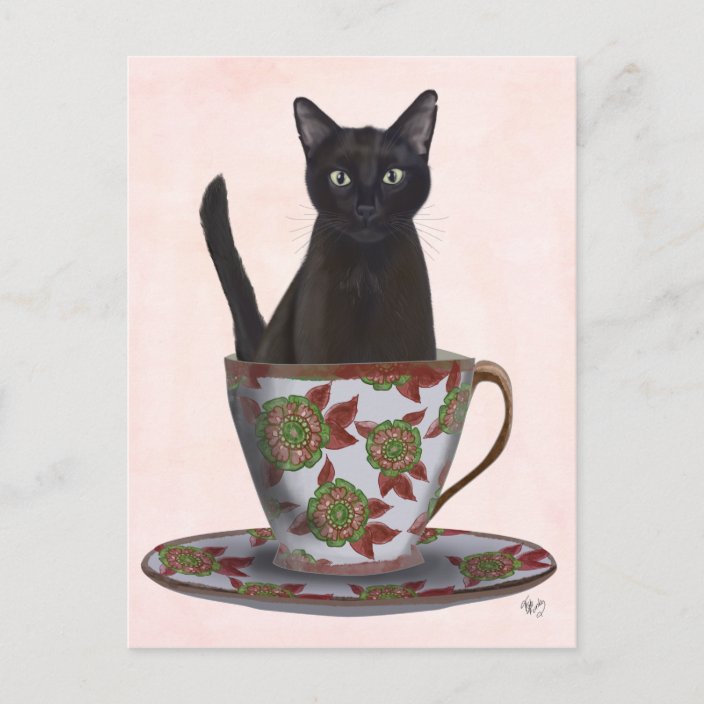 Black Cat in Teacup Postcard