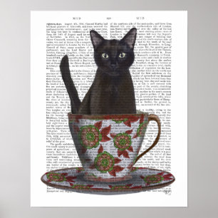 Black Cat in Teacup Poster