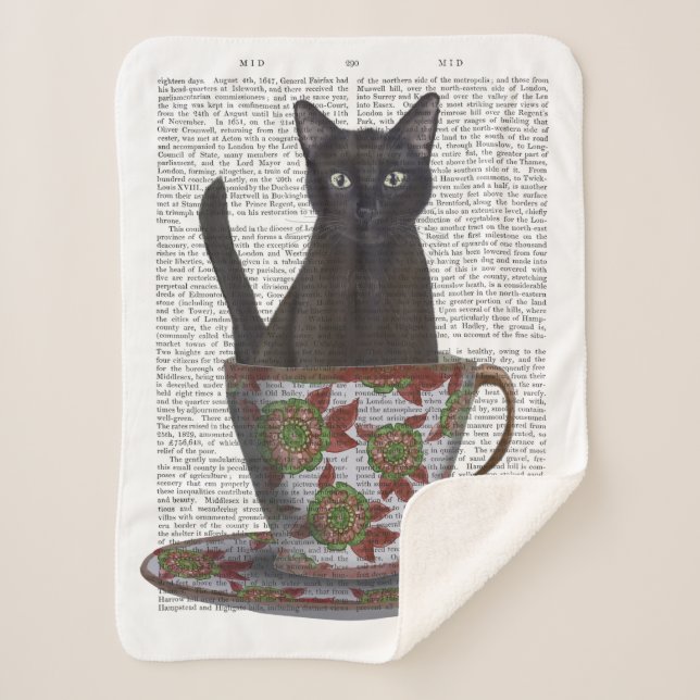 Black Cat in Teacup Sherpa Blanket (Front)