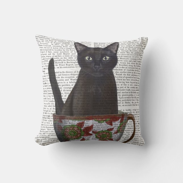 Black Cat in Teacup Throw Pillow (Front)