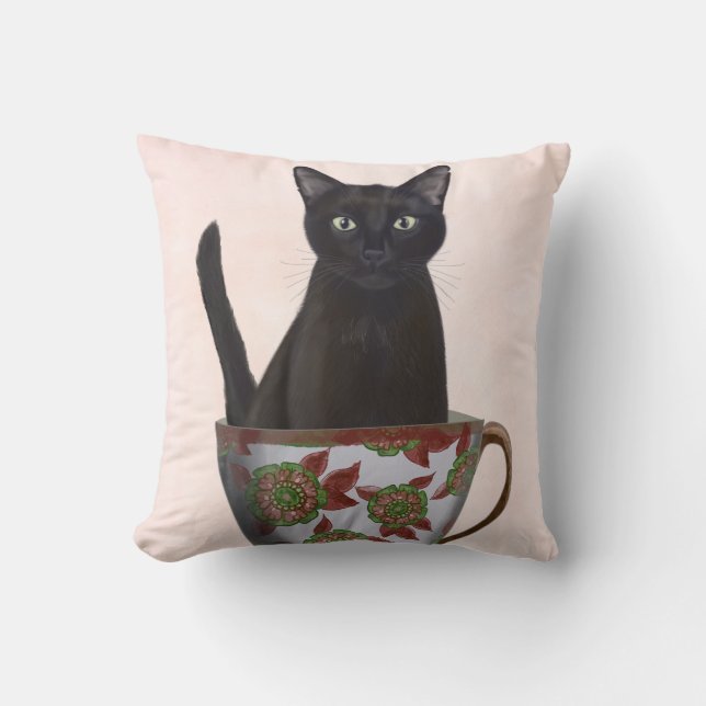 Black Cat in Teacup Throw Pillow (Front)