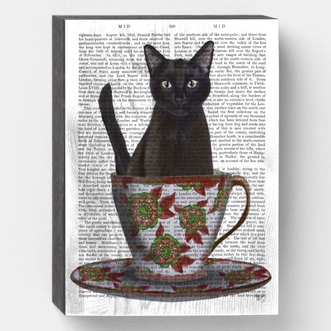 Black Cat in Teacup Wooden Box Sign (Front Vertical)