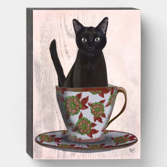 Black Cat in Teacup Wooden Box Sign (Front Vertical)