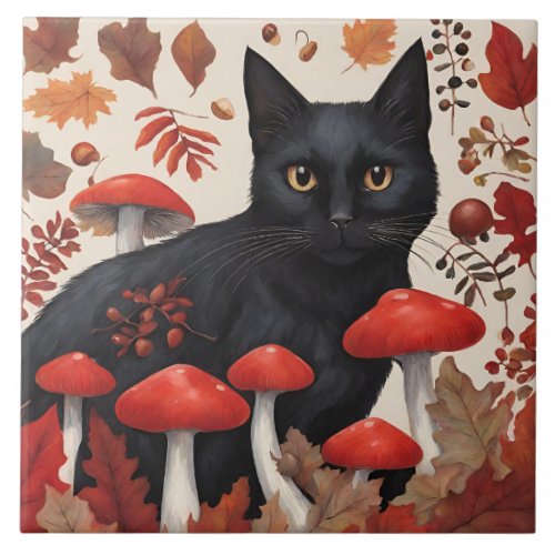 Black Cat in the Autumn Forest Ceramic Tile