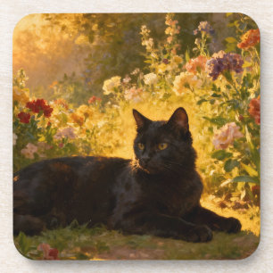 Black Cat in the Flowers I Beverage Coaster