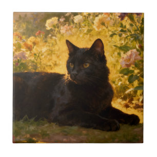Black Cat in the Flowers I Ceramic Tile