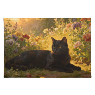 Black Cat in the Flowers I Cloth Placemat