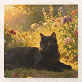 Black Cat in the Flowers I Glass Coaster