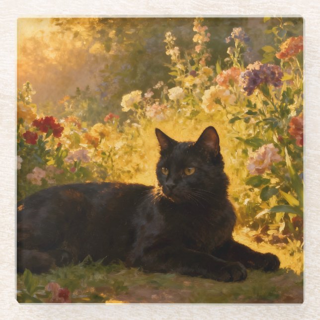 Black Cat in the Flowers I Glass Coaster (Front)