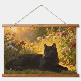 Black Cat in the Flowers I Hanging Tapestry