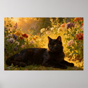 Black Cat in the Flowers I Poster