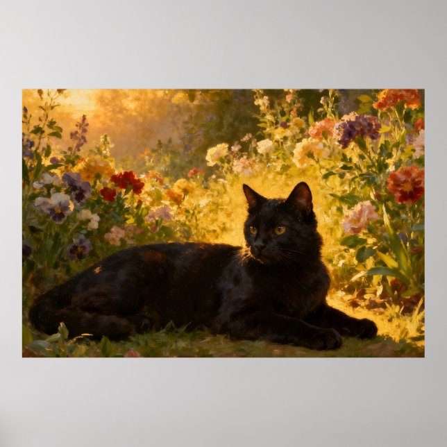 Black Cat in the Flowers I Poster (Front)
