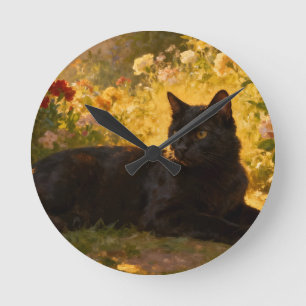 Black Cat in the Flowers I Round Clock