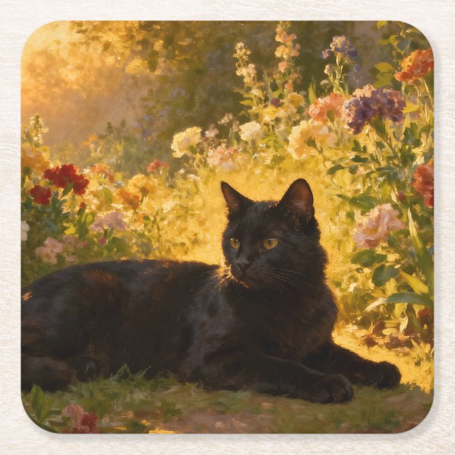 Black Cat in the Flowers I Square Paper Coaster (Front)