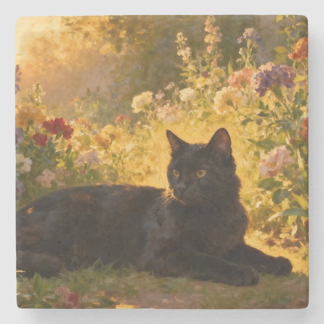 Black Cat in the Flowers I Stone Coaster (Front)