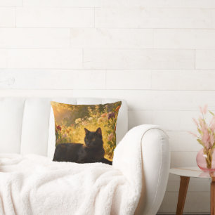 Black Cat in the Flowers I Throw Pillow