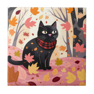 Black cat in the forest ceramic tile
