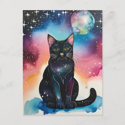 Black Cat in the Night Watercolor Postcard