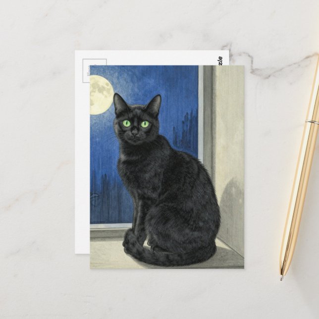 Black Cat in the Window on a Rainy Night Postcard (Front/Back In Situ)