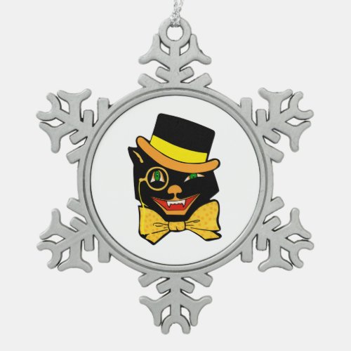 Black Cat in Top Hat Snowflake Pewter Christmas Ornament