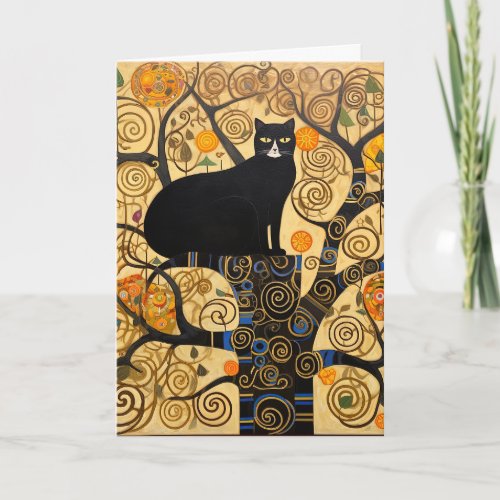 Black Cat in Tree of Golden Swirls Card