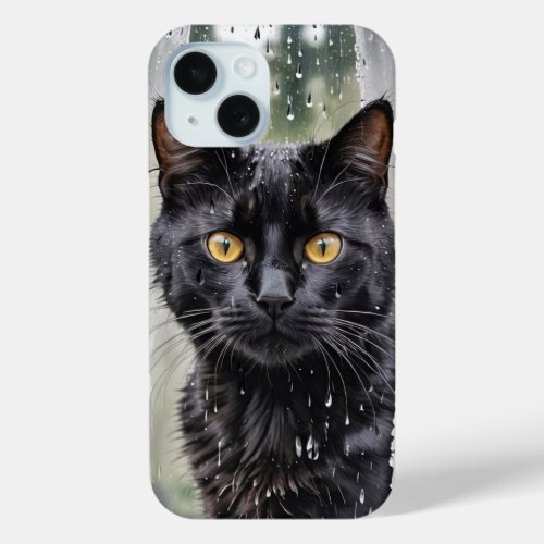 Black Cat In Wet Window iPhone 15 Case