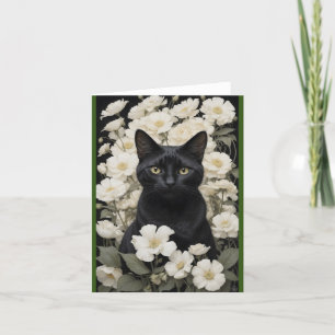 black cat in white flowers letterpress thank you card