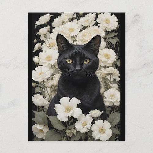 black cat in white flowers postcard