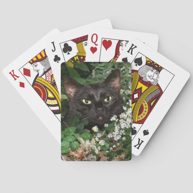 Black cat in wildflowers poker cards (Back)