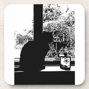 Black cat in window drink coaster