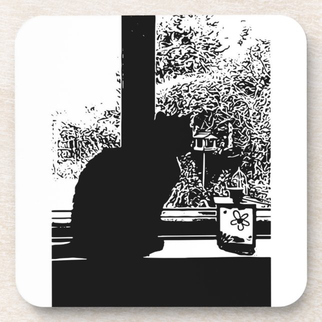 Black cat in window drink coaster (Front)