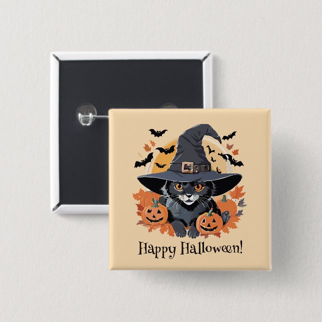 Black Cat in Witch Hat Halloween Button (Front & Back)