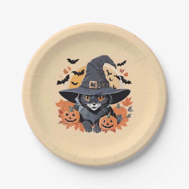 Black Cat in Witch Hat Halloween Paper Plates (Front)