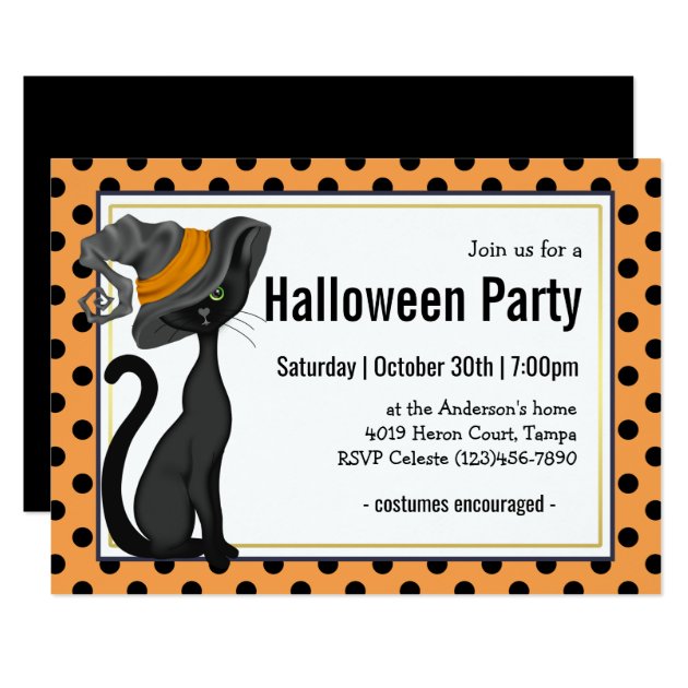 Black Cat In Witch Hat Halloween Party Invitation