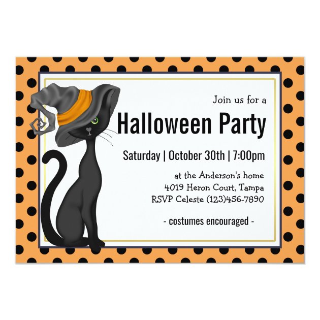 Black Cat In Witch Hat Halloween Party Invitation