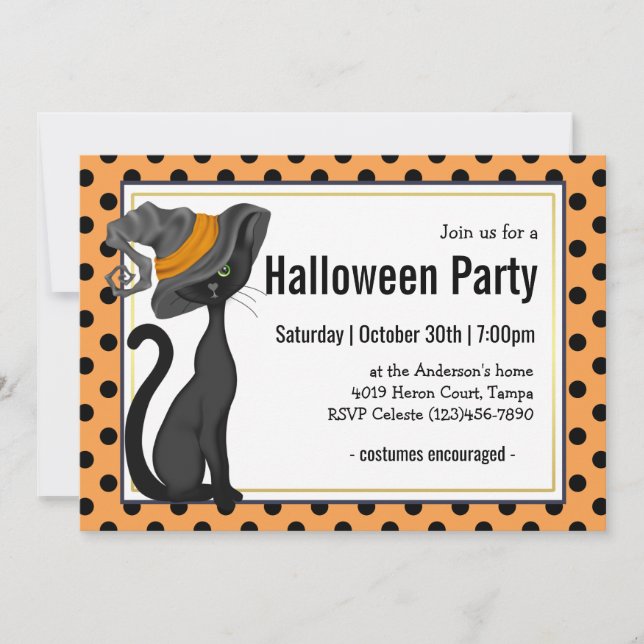 Black Cat in Witch Hat Halloween Party Invitation (Front)