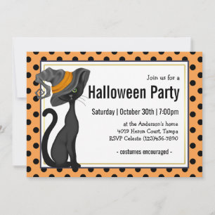 Black Cat in Witch Hat Halloween Party Invitation