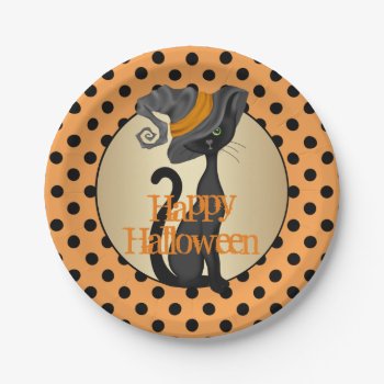Black Cat In Witch Hat Halloween Party Paper Plates by DP_Holidays at Zazzle