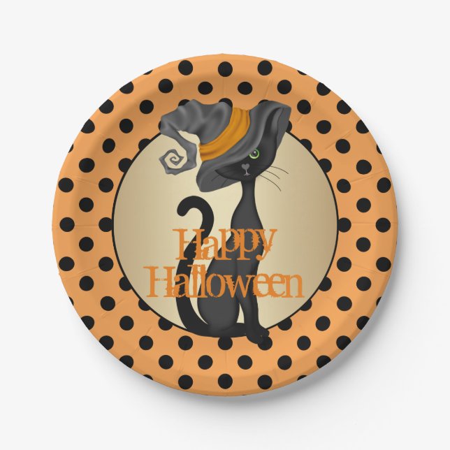Black Cat in Witch Hat Halloween Party Paper Plates (Front)