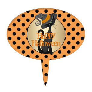 Black Cat in Witch Hat Happy Halloween Cake Topper