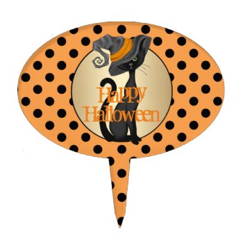 Black Cat In Witch Hat Happy Halloween Cake Topper by DP_Holidays at Zazzle