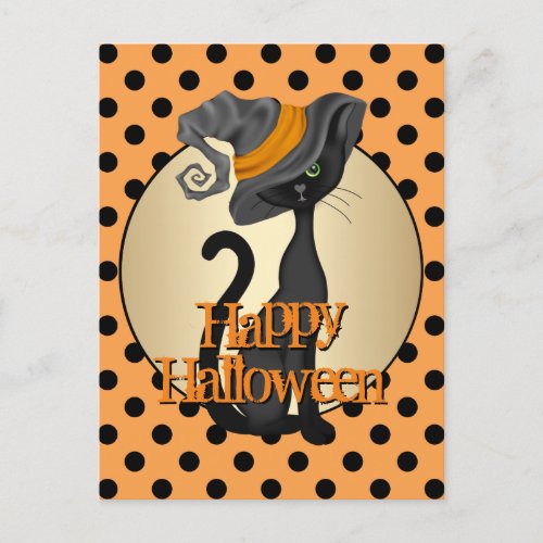 Black Cat in Witch Hat Happy Halloween Postcard