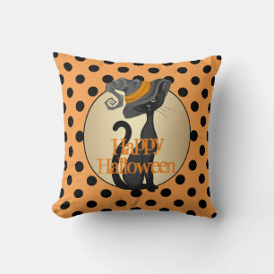 Black Cat in Witch Hat Happy Halloween Throw Pillow