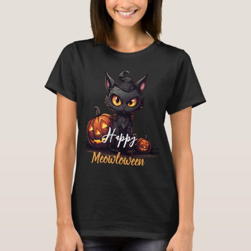Black Cat in Witchs Hat Meowloween Halloween T_Shirt