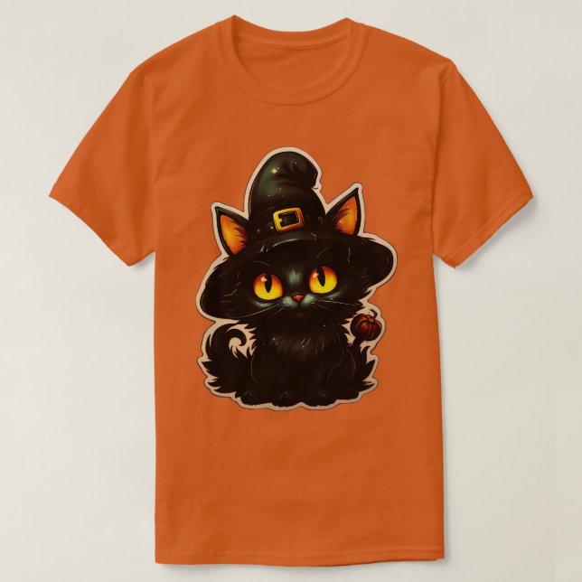 Black Cat In Witches Hat Black Cats Spooky Hallowe T-Shirt (Design Front)