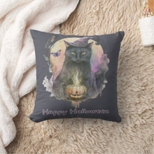 Black Cat in Witches Hat Gray Celestial Halloween Throw Pillow