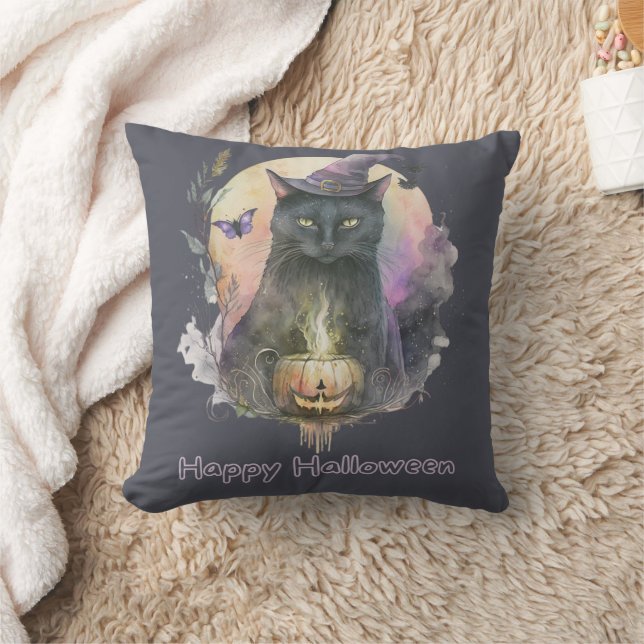 Black Cat in Witches Hat Gray Celestial Halloween Throw Pillow (Blanket)
